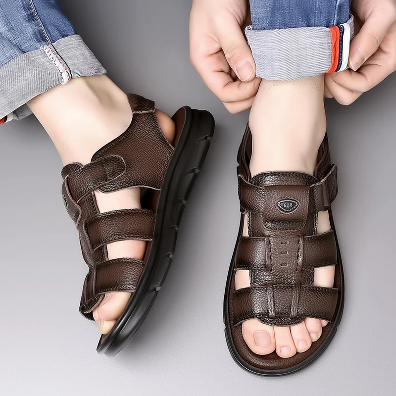 Fashionable New Top Layer Cowhide Roman Summer Beach Shoes for Men's Outdoor Soft Soled Latex Pad Anti Slip Breathable Sandals