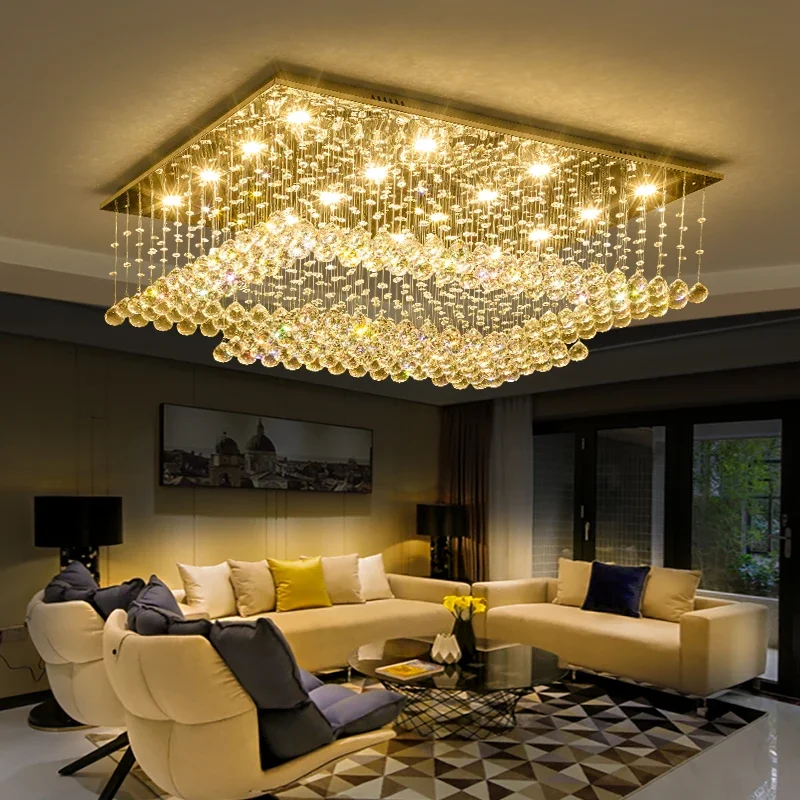 Luxury Square Crystal Ceiling Light, Gold Large Flush Mount Chandelier with K9 Crystals Hotel Home Decor Lighting Fixture