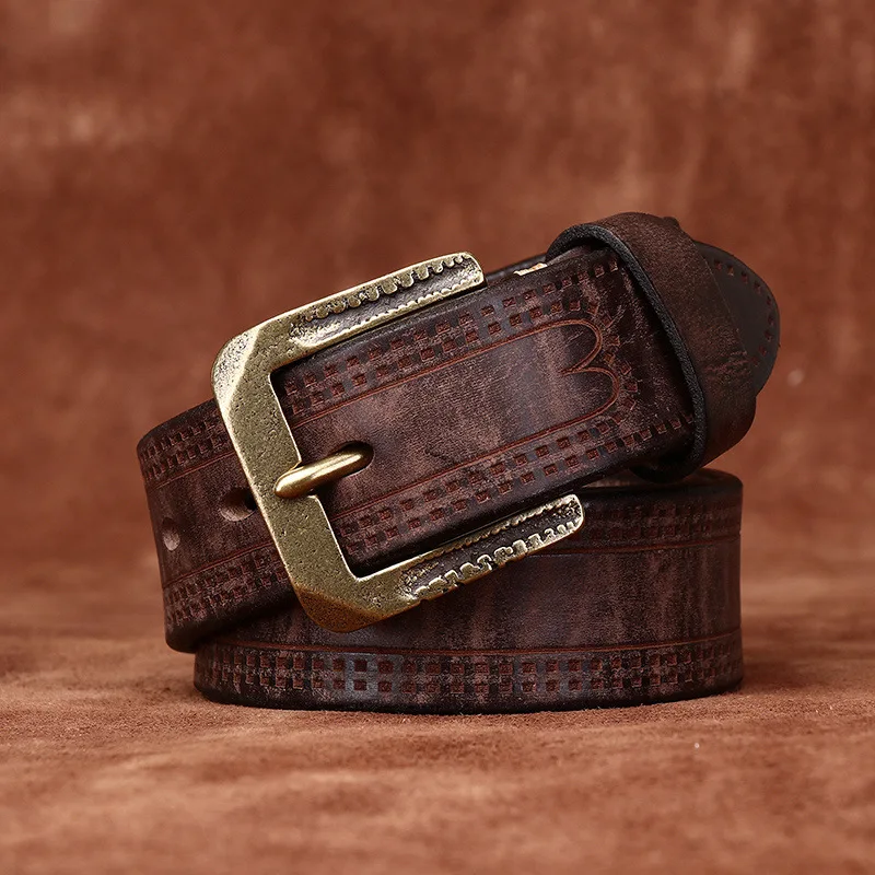 

3.8CM High Quality Belt Men's Luxury Genuine Leather Pure Cowhide Design Brass Buckle Jeans Cowboy Waistband Male Belts for Men