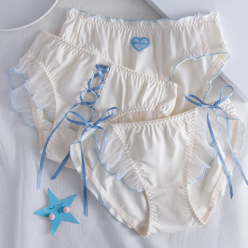 Women Cotton Low Waist Seamless Soft Panties Cute Lovely Sweety Princess Style Underwear Ruffle Ribbon Bow Breathable Breifs