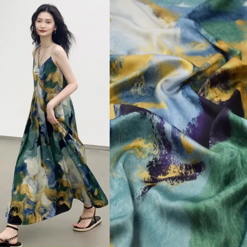 Luxury Chinese-Style Blue and Green Ink-Inspired Printed Fabric with Satin and Chiffon Material for Sleepwear Dress 150x50cm