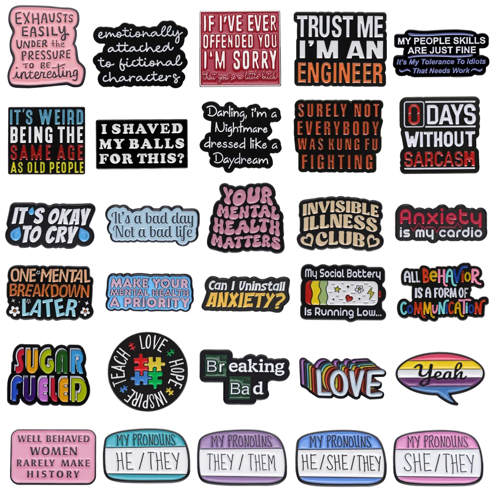 

Cartoon Letter Metal Brooch Rainbow Love Social Battery Avoid Anxiety Women Make History Club Enamel Badge Punk Pin jewelry Gift