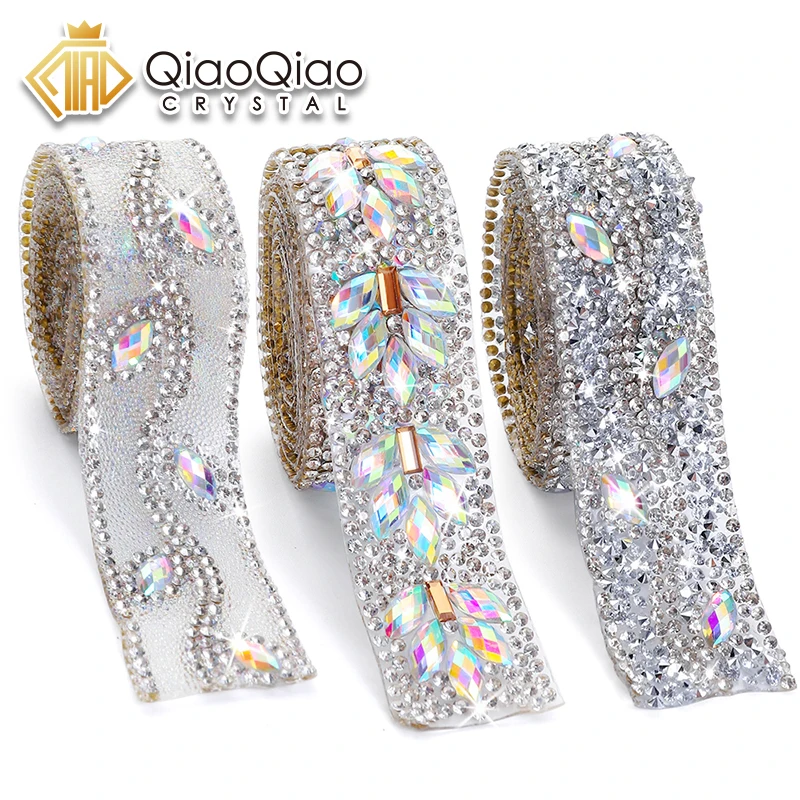 1-yardowy motyw kryształowy Strass Hot Fix Rhinestone Szycie taśmy wykończeniowej Aplikator wstążki z dżetów Żelazko na aplikacjach do sukienek