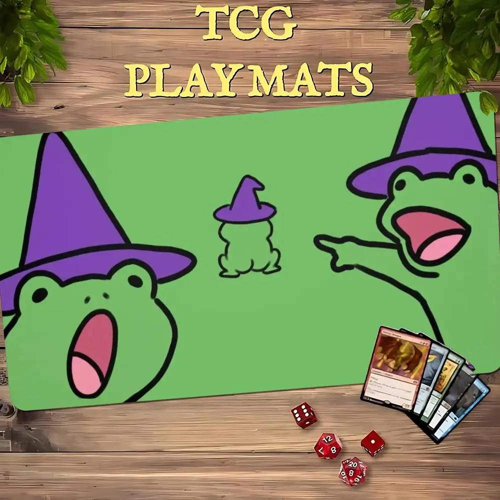 Magic Card Playmat TCG Playmat Green Frog Wizard Non-Slip Stitched Edge Cute Gaming Mats Tapete Magic Mat Card Pad