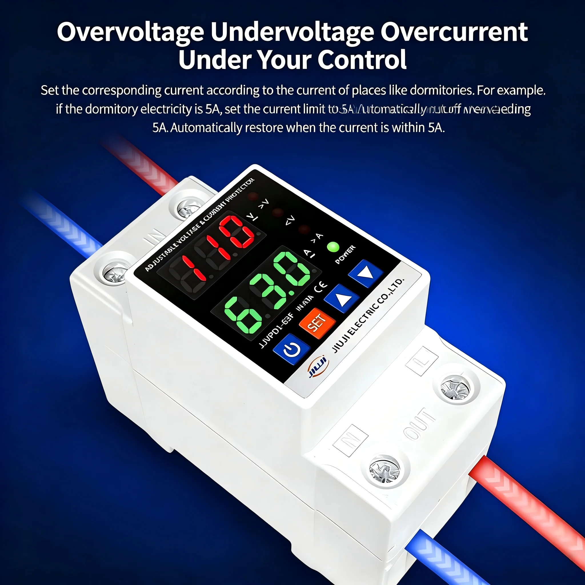 JIUJI 63A DIN Rail Over Under Voltage & Over Current Limiter Digital Display Auto Reset 110V Circuit Protection Device