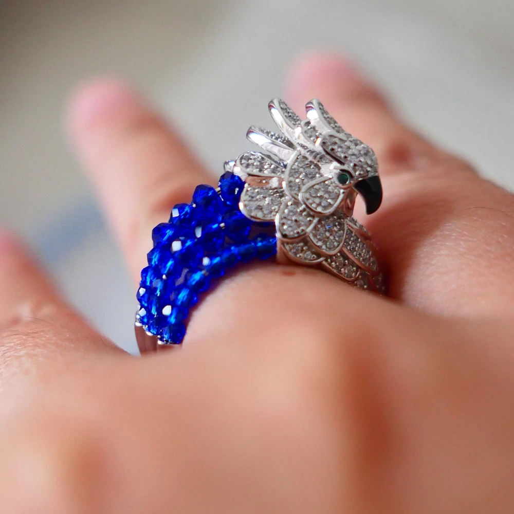 Women 925 Sterling Silver Bird Shaped Ring With Lab Sapphire Blue Beads Zircon High Carbon Diamond Stone Fine Jewelry