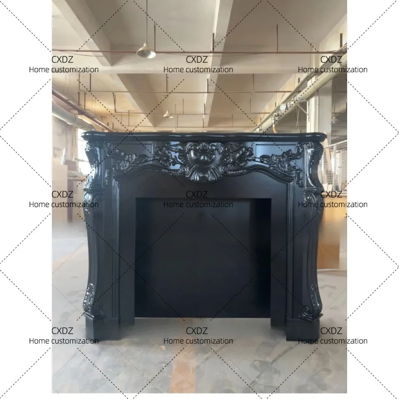 XX Retro Solid Wood Carving Flower Fireplace Decorative Cabinet Classical  Black Fireplace Entrance Cabinet