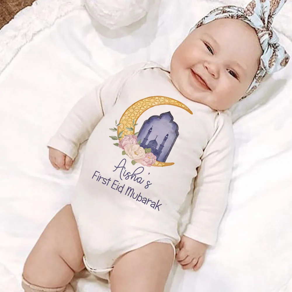 Personalised Eid Ramadan Baby Bodysuit Custom Name Infant Long Sleeve Romper Eid Newborn Clothes Islamic Muslim Holiday Outfit