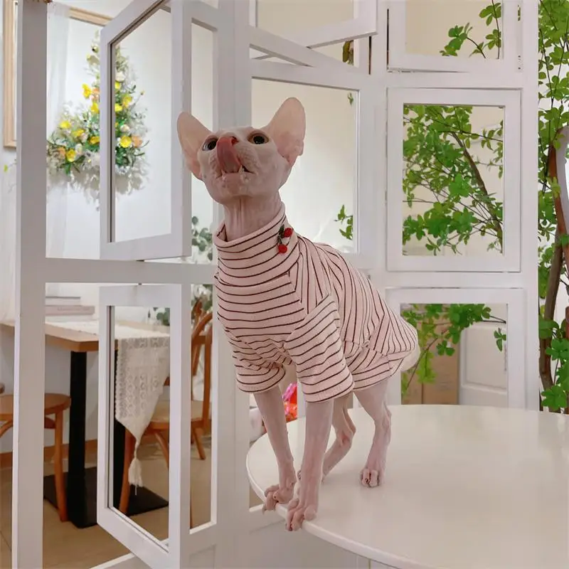 Sweet Pink Cotton Shirt with Cherry Pendant for Cat Winter Soft Striped Coat for Sphynx Cat in Autumn Spring Pajamas for Kittens