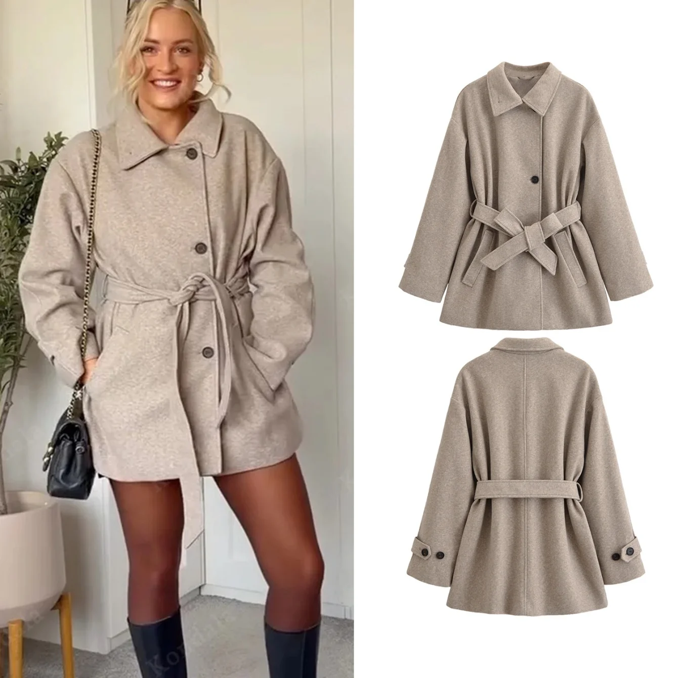 

Women Autumn Winter Wool Coat Fashion Commute Casual With Belt Jackets Female Retro Long Sleeve Button Slim Outerwear Clothing