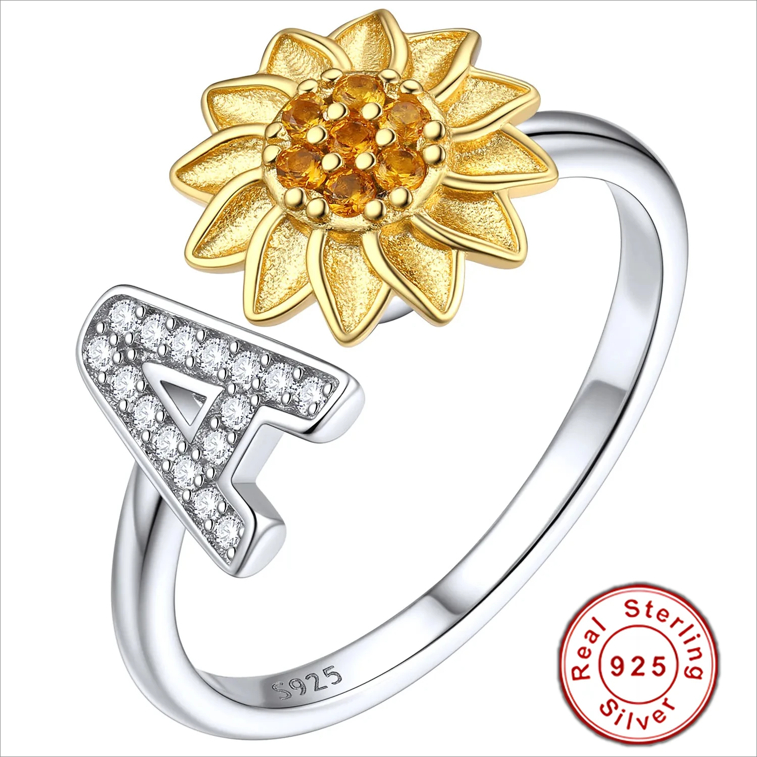 U7 925 Sterling Silver Sunflower Initial Letters Open Rings Cuff for Women Rotatable Flower Charm CZ Chic Dainty Jewelry QC25