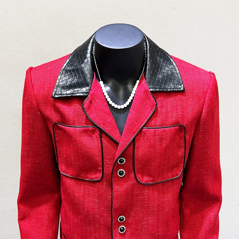 Men's Red Textured Cropped Jacket with PU Panels and Contrast Lapel Design for Trend Styling and Distinctive Casual Wear