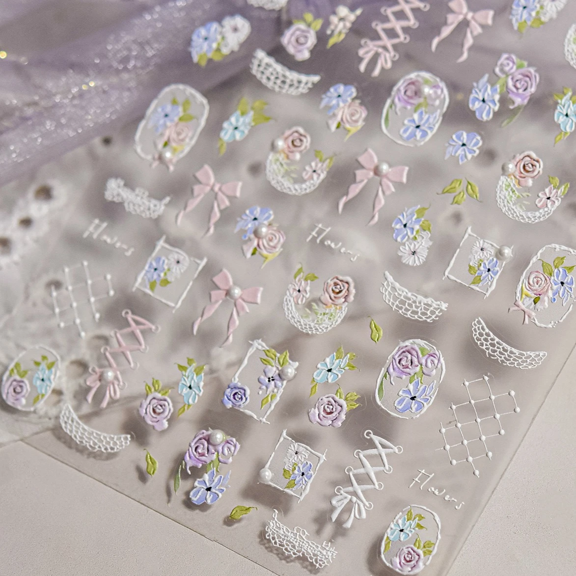 باقة زهور الورد يترك الدانتيل Bowknot اللؤلؤ إطار صور حزام تنقش النقوش ذاتية اللصق مسمار الفن ملصقات مانيكير الشارات