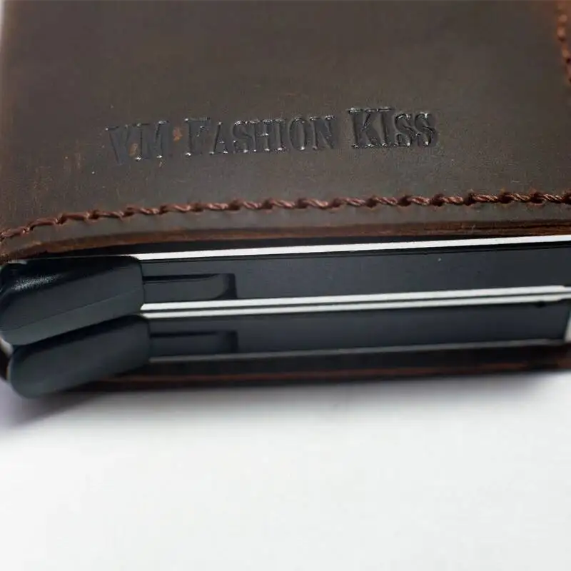 VM MODE BAISER RFID Fou Cheval En Cuir Mini Portefeuille de Sécurité Informations Double Boîte En Aluminium Carte de Crédit Titulaire Métal Bourse