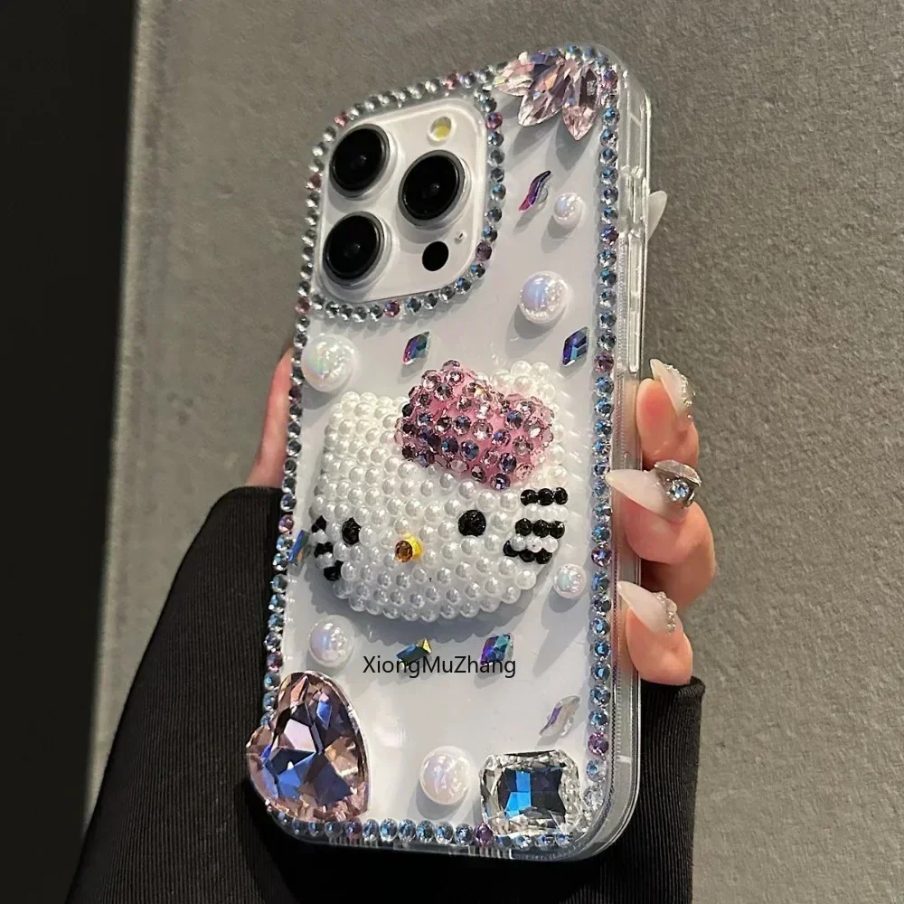 Sanrio Diamond Rhinestone Heart Case for iPhone 15 Pro Max 16 ProMax 14 Plus 13 Pro 12 Mini 11Pro Max Hello Kitty Cover Custom