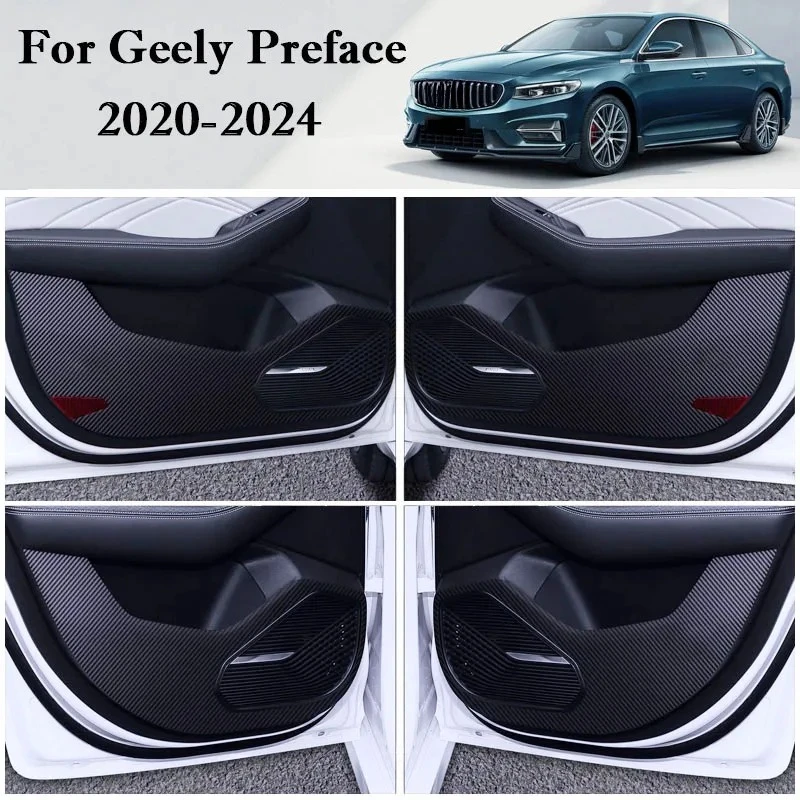 4PCS Carbon Fiber Texture Door Anti-dirty Anti-kick Pad Cover Sticker  For Geely Preface 2020 2021 2022 2023 2024 Accessories