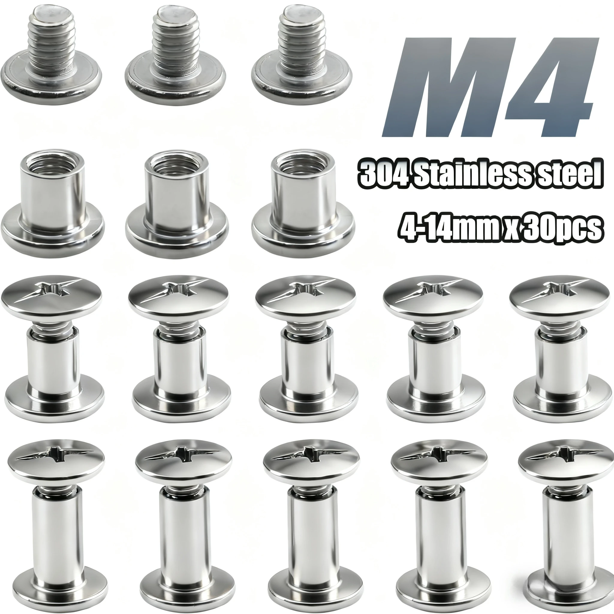 30pcs 304 Stainless Steel M4x4-14mm Cross Recess Chicago Screws Leather Nail Rivets for DIY Leather Belt Book Binding Craft