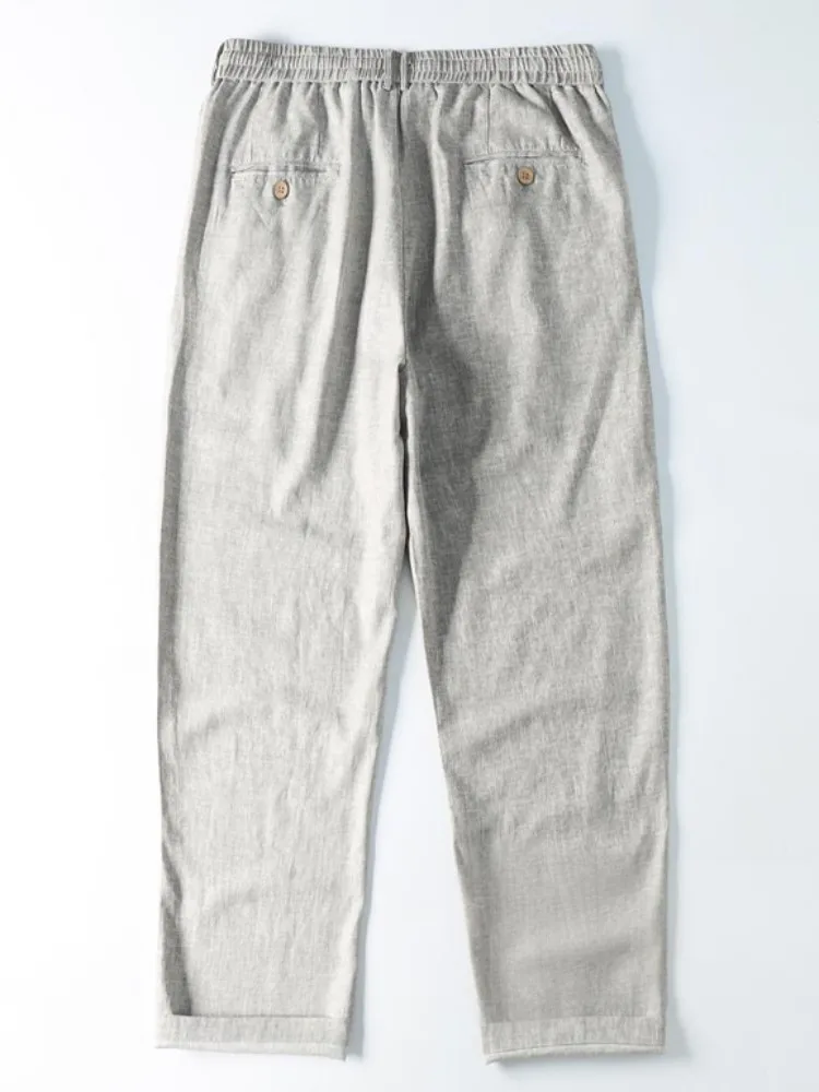 ฤดูร้อนทุกวัน Mens Retro Casual ผ้าลินินกางเกงเอวยางยืดขาตรงความยาวเต็มกางเกง Cool Breathable แฟชั่นกางเกงยาว