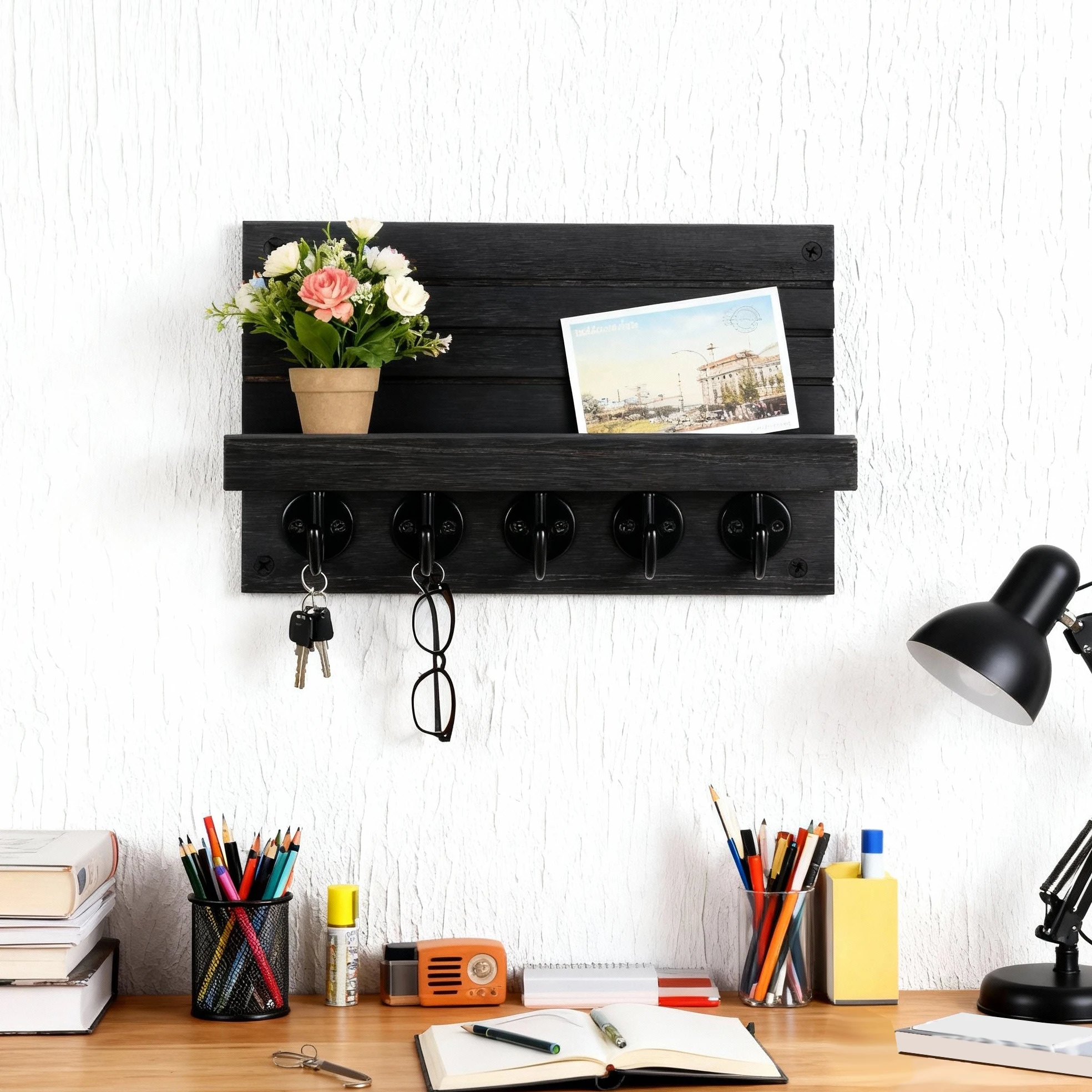Decorative Key and Mail Holder with Shelf Wall Mounted Wooden Rack with 5 Hooks Hanging Bags Coats Umbrella for Entryway
