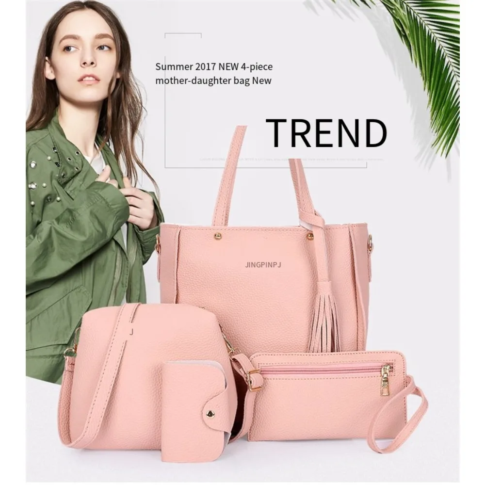 New Fashion Tassel Four-Piece Large Capacity Lychee Pattern Handbags Women\'s European and 2024 American Retro Women\'s Bag