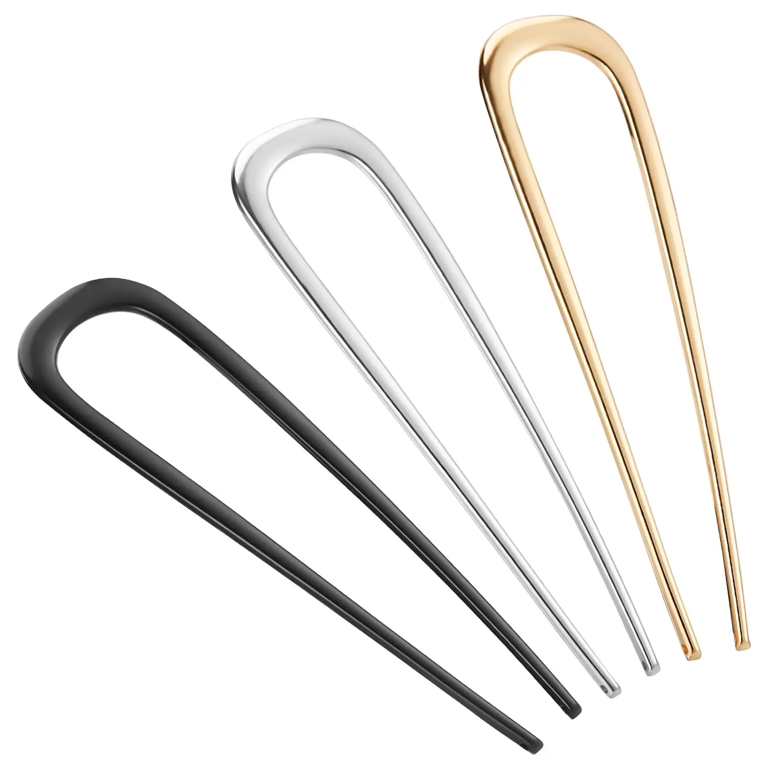 

3PCS U-Shaped French Hair Pins for Women, Elegant Twists & Buns, No Damage, Gold Black Silver