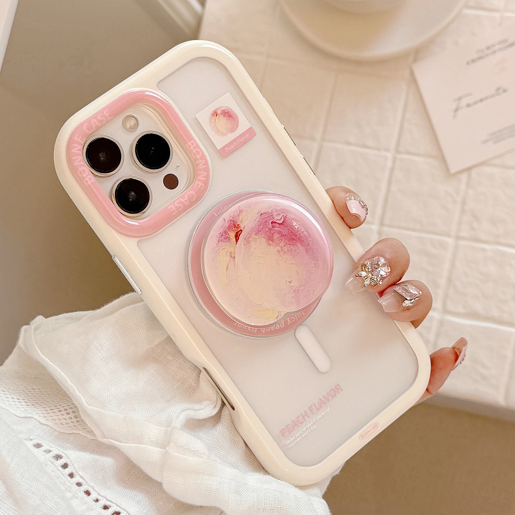 

Pink Peach Phone Case for iPhone 16 Pro Max 15 14 13 12 Oil Painting Pink Peach Magnetic Bracket Fun Anti Drop Phone Case