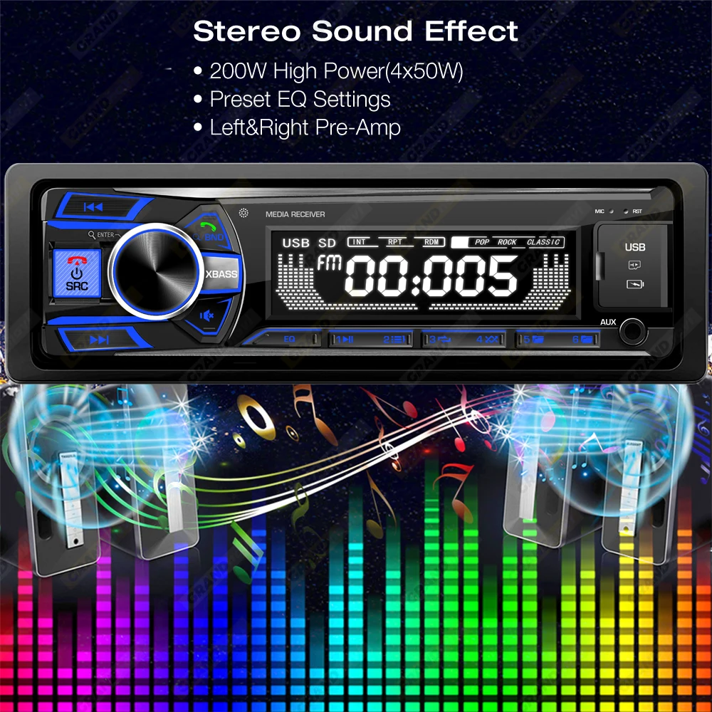 Grandnavi 1 Din lettore MP3 Bluetooth Radio Car AUX-IN FM USB Auto Stereo Audio Stereo Audio digitale FM musica Stereo