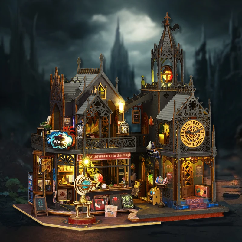 Zestaw DIY Drewniany Mini Domek dla Lalek Magiczne Miasto Puzzle 3D Model Pokoju do Składania Zabawki Dekoracja Domu Domek dla Lalek na Prezent Świąteczny