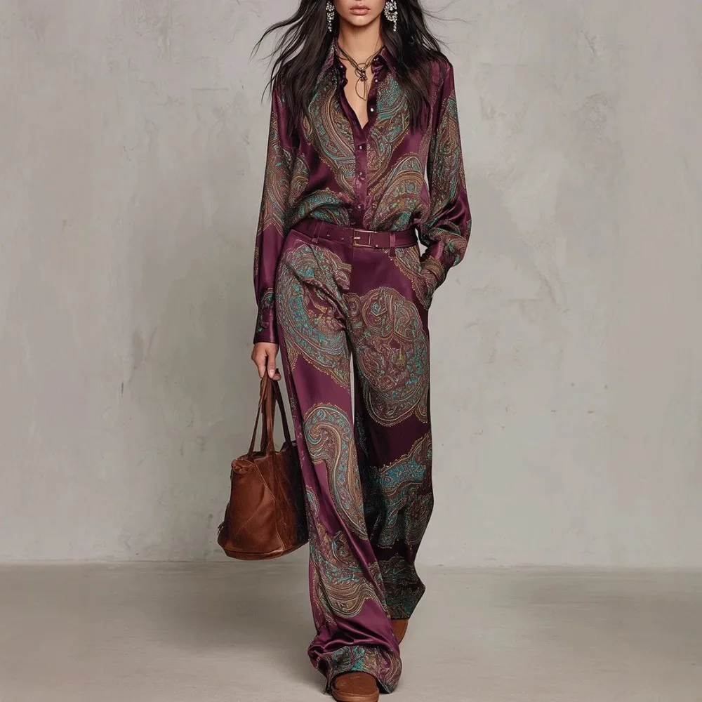 New Women's 2-piece Retro Paisley Print Lapel Long Sleeved Shirt, High Waist Wide Leg Pants, Casual Vacation Pocket Without Belt