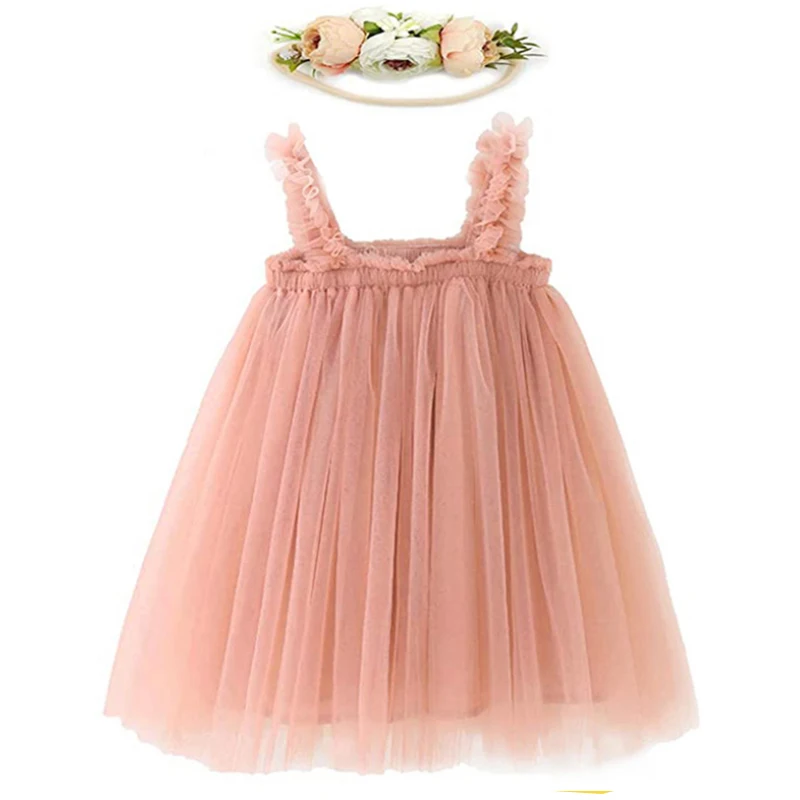 

Summer Baby Girls Princess Fluffy Dress+Wreath 2Pcs Solid Color Sling Tulle Dress Infant Vestidos Kids Casual Clothes 0-4Year