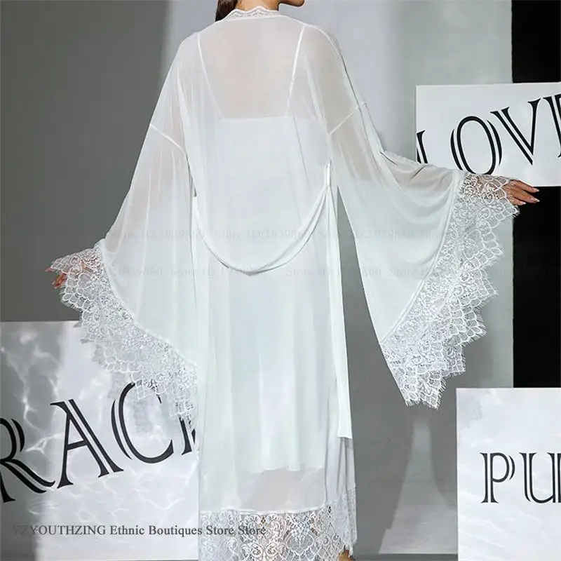 Sexy Long Twinset Robe Set Female Sleepwear Perspective Mesh Flare Sleeve Bathrobe Nightgown Summer New Home Dress Lingerie