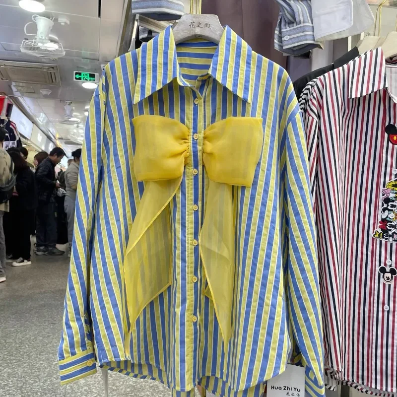 

Vintage Blouses Women Long Sleeve Striped Shirts Contrast Color Bow Casual Fashion Loose Blouse Tops Blusas Mujer De Moda B732