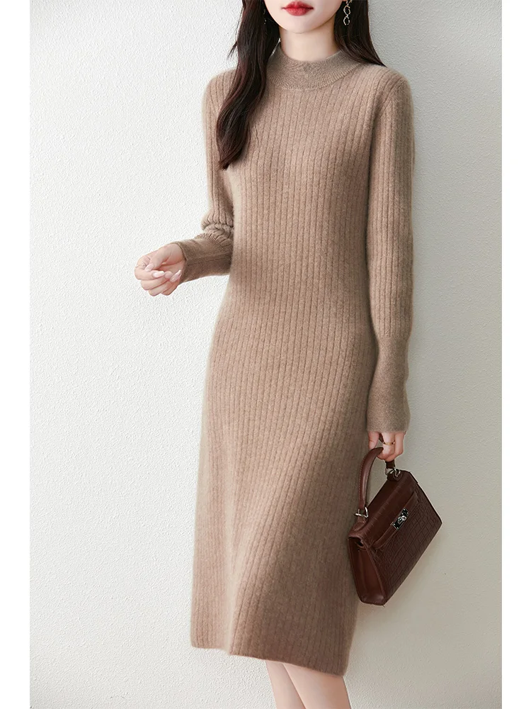 

Mid to Long Striped Pure Wool Sweater Women's Knitted Dress autumn and Winter Half High Neck Base Sweater Cashmere Knitted Skirt