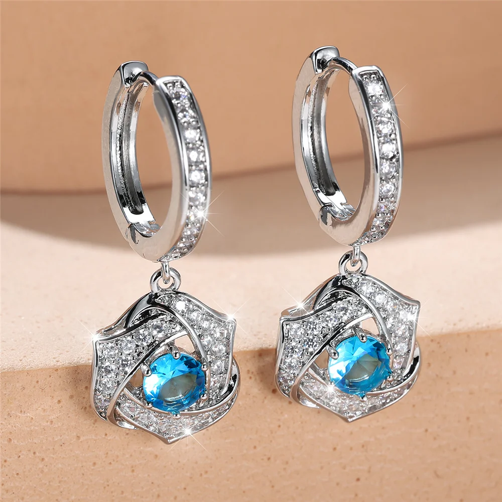 Women Vintage Fashion Water Blue Zircon Round Hoop Earring Luxury Crystal Stone Earrings For Silver Color Wedding Jewelry Gift