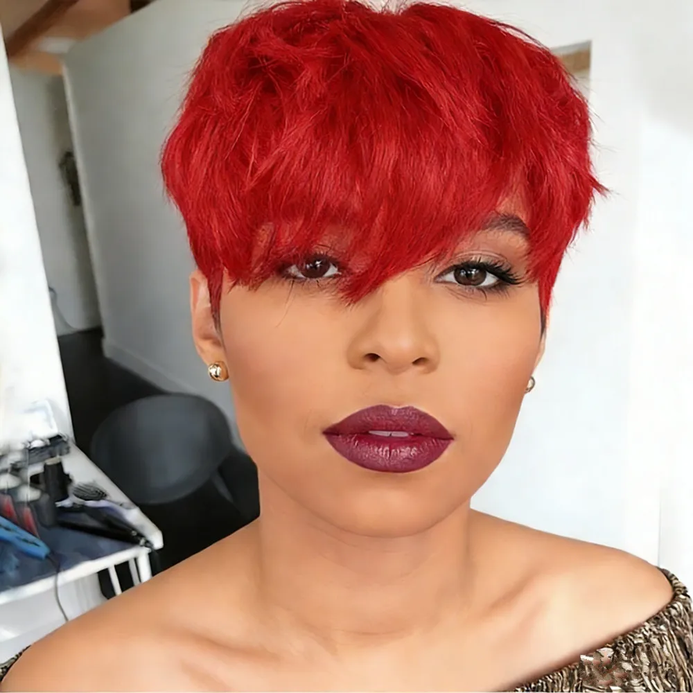 

Красно-оранжевый парик из натуральных волос, 150% плотности, прямой, машинной работы, для женщин, короткий парик для повседневного использования, парик-пикси.