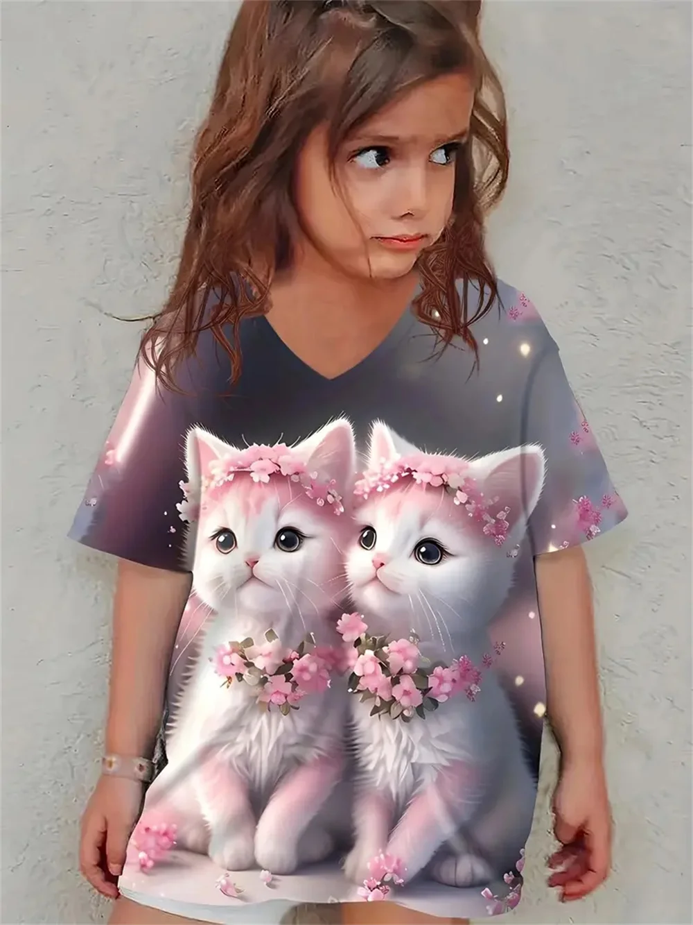 Kaos musim panas anak perempuan lucu, atasan lengan pendek kartun hewan kucing 3d motif 2025 baju anak perempuan Fashion kasual