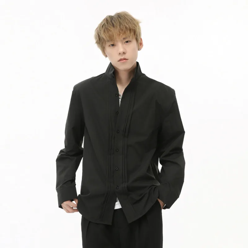 SYUHGFA New Chinese Style New Fashion Male Shirt Solid Color Stand Collar Long-sleeved Shirts 2024 Autumn Shoulder Pads Top