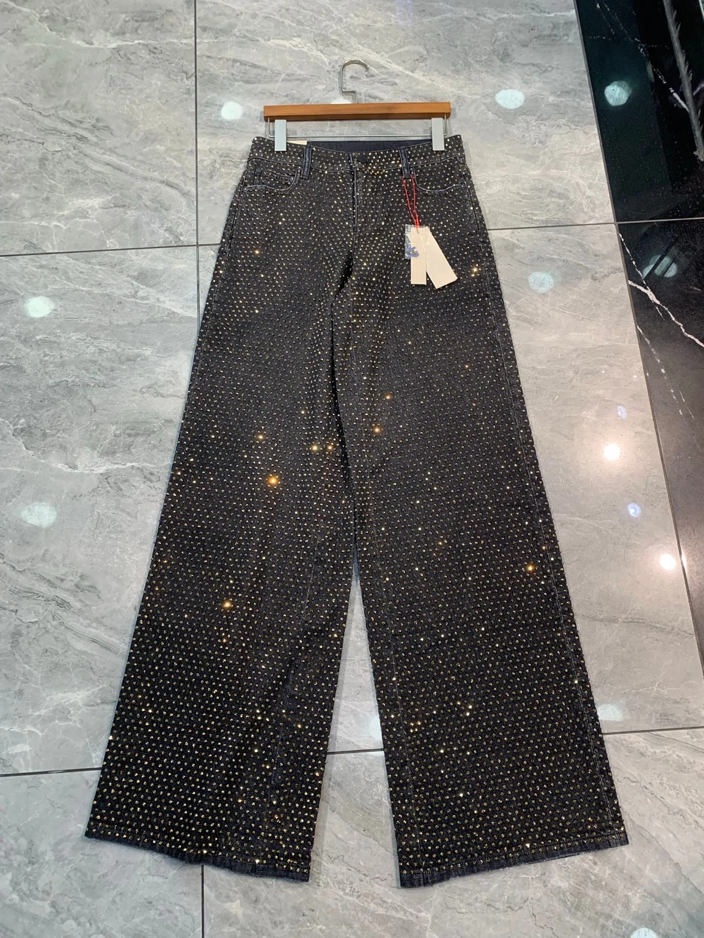 Ladies Rhinestone Wide Leg Pants Solid Color High Waist Straight Fashion Cotton Long Trousers