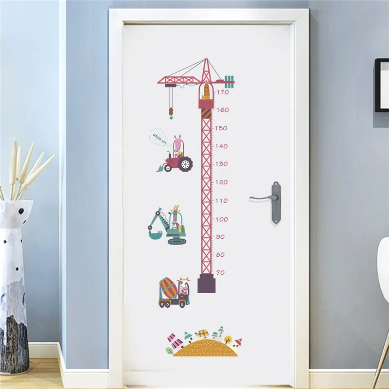 Animal Construction Worker Growth Chart Wall Sticker For Kids Room Kindergarten Home Decoration Safari Mural Art Diy Pvc Decal