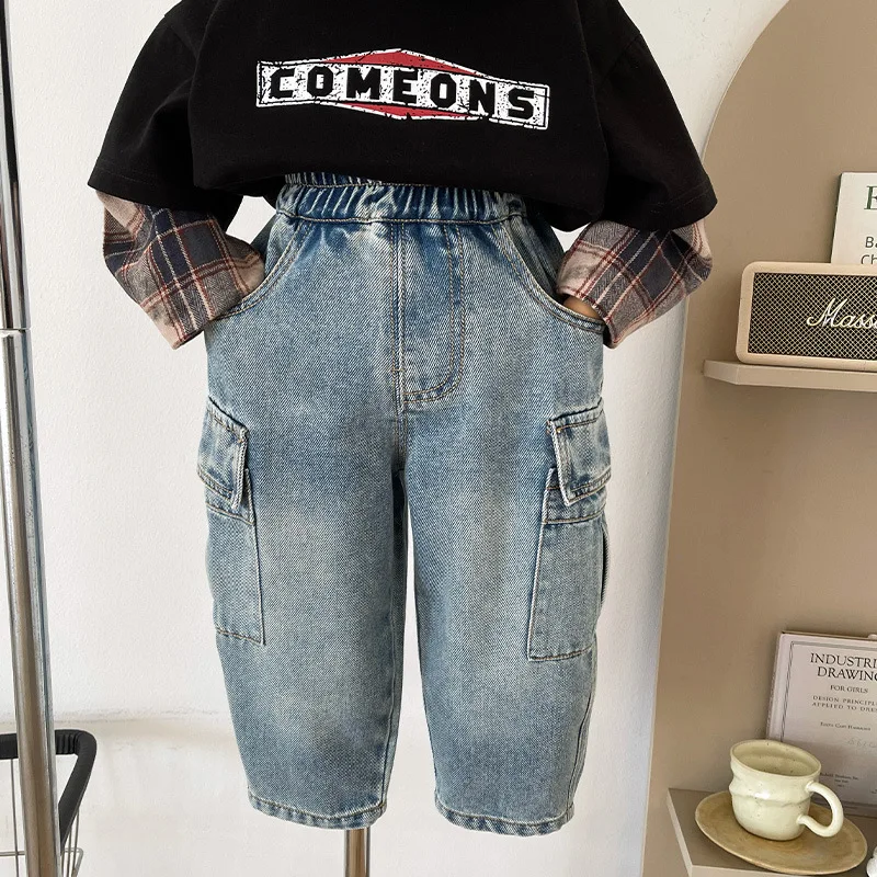 2026 Spring New Style Handsome Children Work Jeans Versatile Loose Boys Pants Boutique Clothing Simple Style