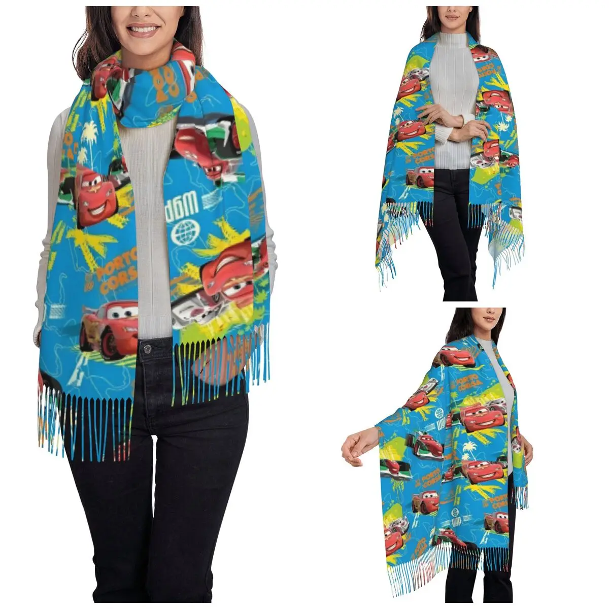 Women's Scarf with Tassel Cars Lightning McQueen Long Winter Warm Shawl Wrap Life Is A Highway Gifts Pashmina Scarves