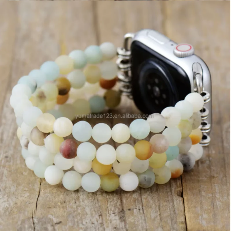 Bohemian Multi-Layers Beaded Bracelet Smart Watch Strap Natural Stone Amazonite Handwoven Watch Band for Apple Watch