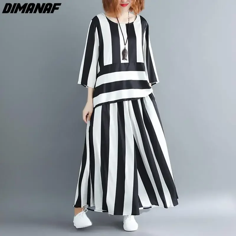 DIMANAF Plus Size Women Blouse Two Piece Set  Striped Shirts Bat Sleeve Summer Chiffon Home Tops Suit Loose Casual Oversize