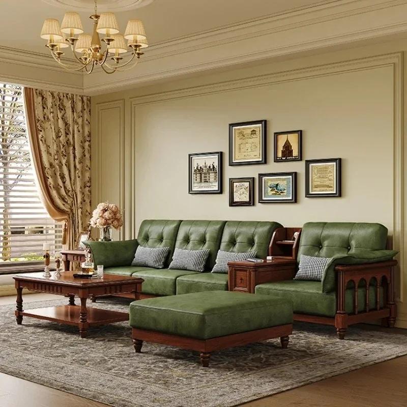 Solid wood leather sofa living room household small apartment corner chaise longue