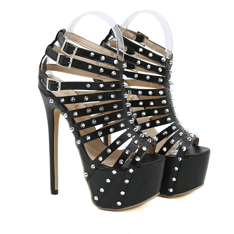 

Retro Studded Cutout 16cm Heels Metal Buckle Peep Toe Stiletto Sexy Women's High Heel Sandals For Nightclub Bar Party Pole Shoes