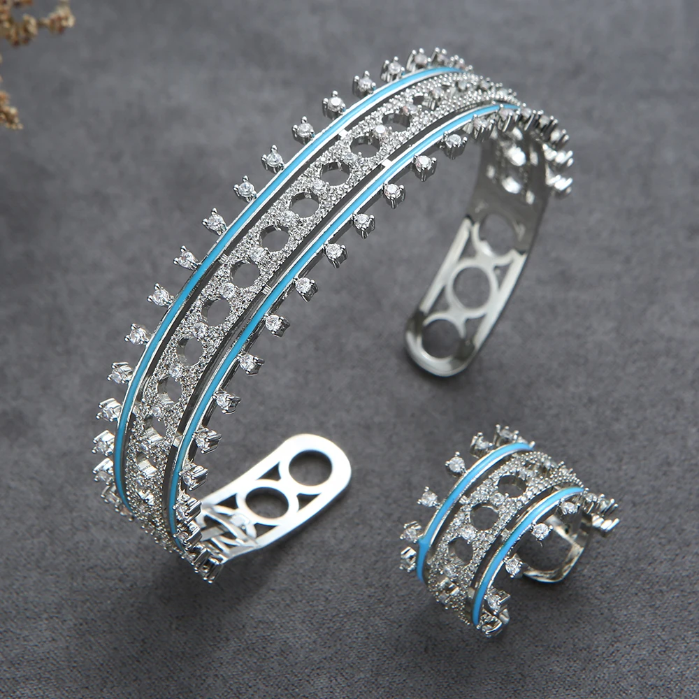 Luxury 2PCS Dubai Bangle Ring Set Fashion Jewelry For Women Wedding Engagement Brincos Para As Mulheres HXS018 S336