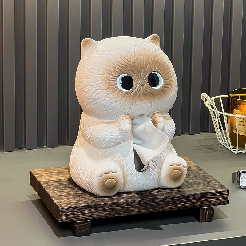 Creative Cartoon Cat Tissue Box Living Room Desktop Ceramic Tissue Box Modern Cute Animal Siamese Cat Tissue Box Home Decoration