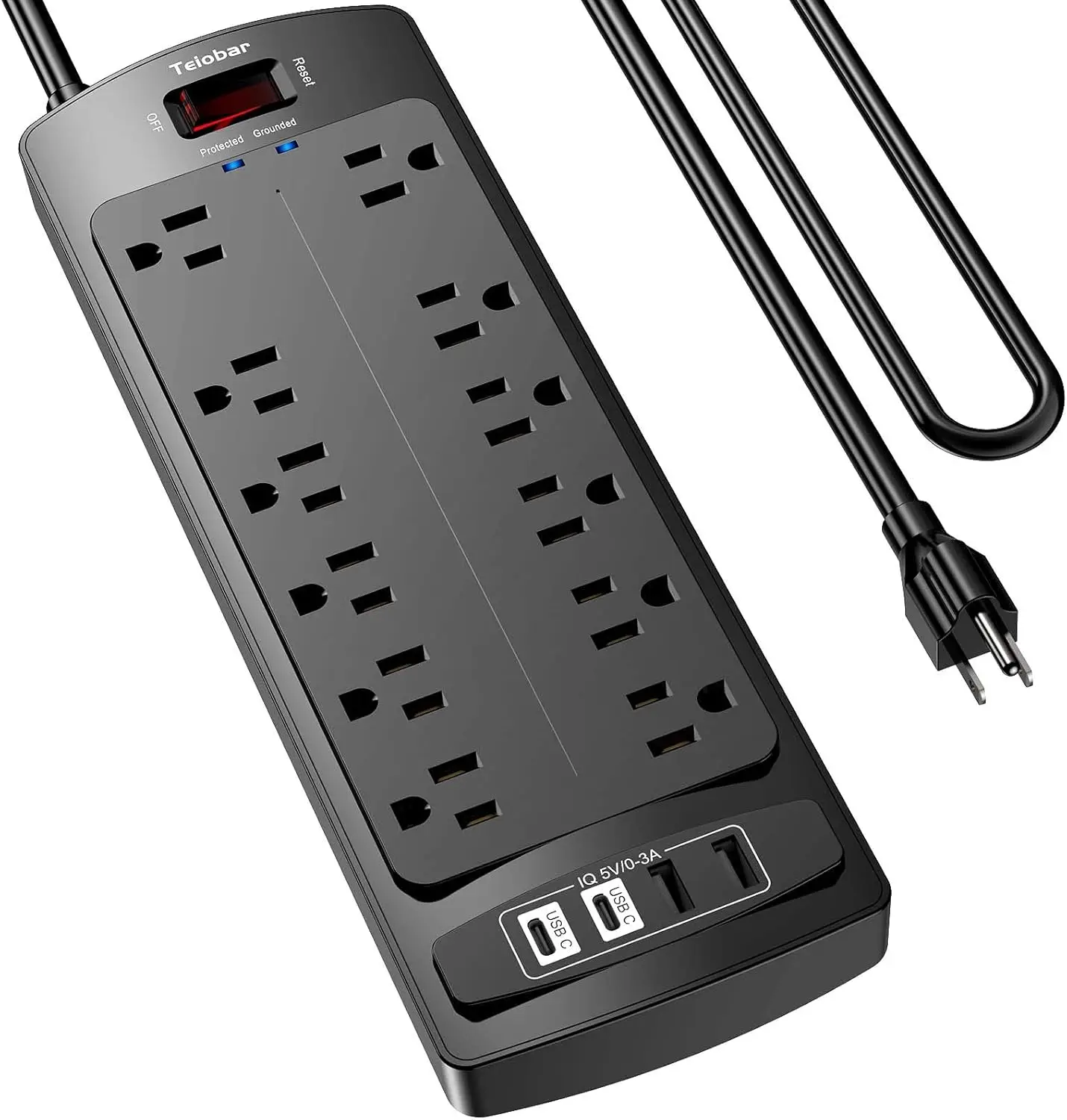 6 Ft Extension Cord Power Strip with 12 AC Outlets and 4 USB Ports, Surge Protector for Home Office Dorm, ETL Listed Black