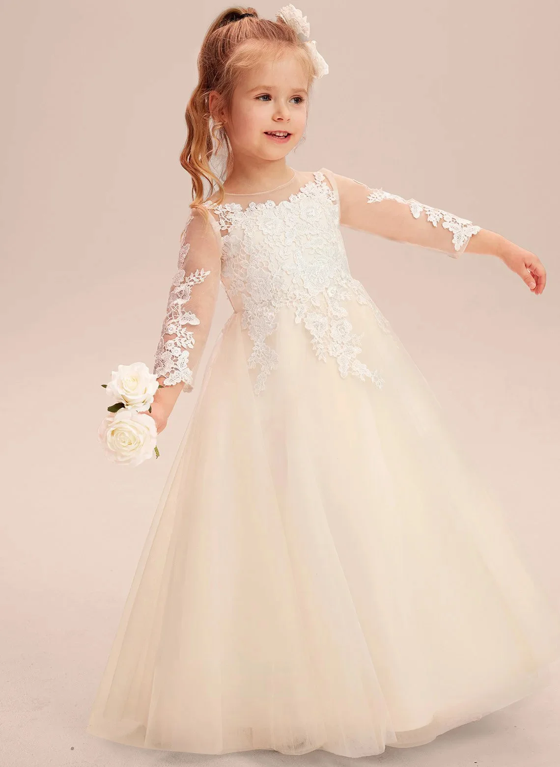 

Customized Ivory Flower Girl Dresses For Wedding Appliques Floor Length Elegant Kids Birthday Party First Communion Ball Gown