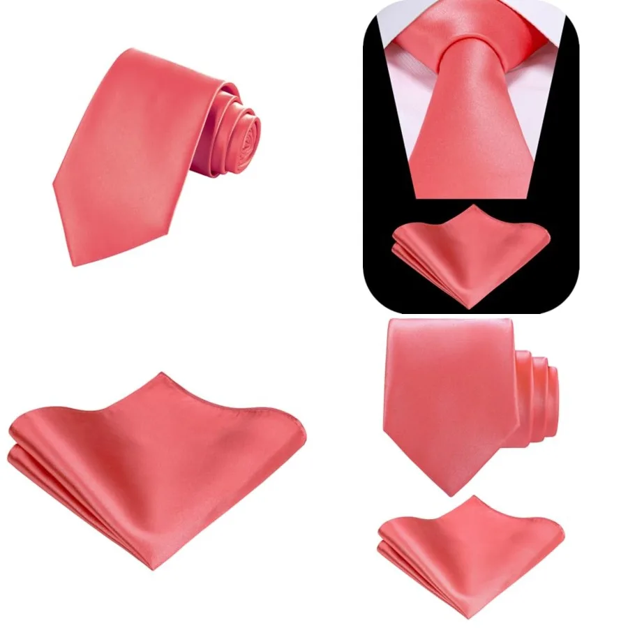 

Solid Satin Woven dyed Color Formal Black Necktie and Pocket Square Sets in Gift Box，Coral